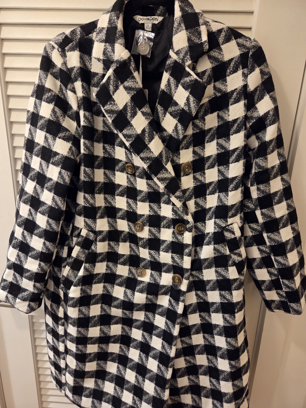 Davi & Dani Black and White Gingham Double-Breasted Pea Coat